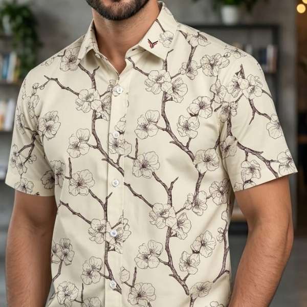 Men’s Cream Floral Printed Half Sleeve Shirt